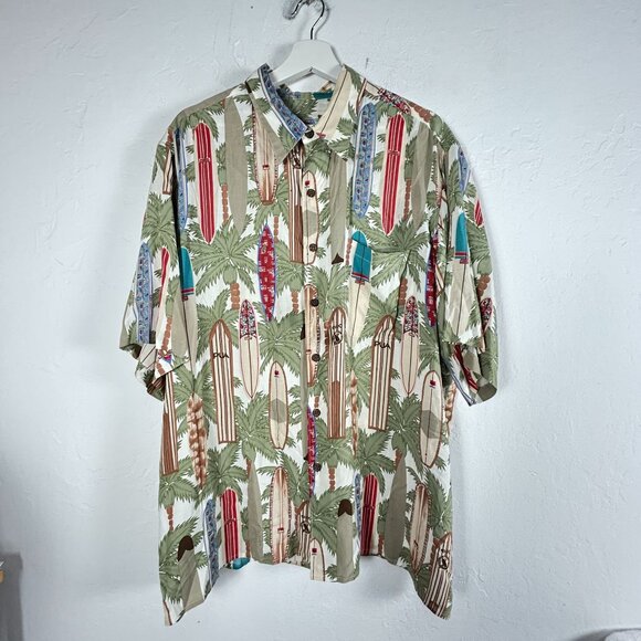 Reyn Spooner Mens XL Hawaiian Surfboard Spun Rayon Camp Shirt XL Button Up Green